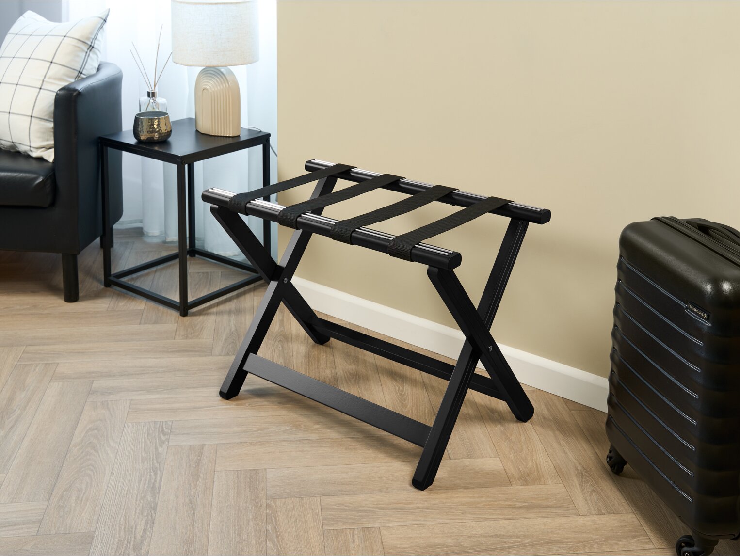 Corby York Foldable Wooden Hotel Luggage Storage Box - Black