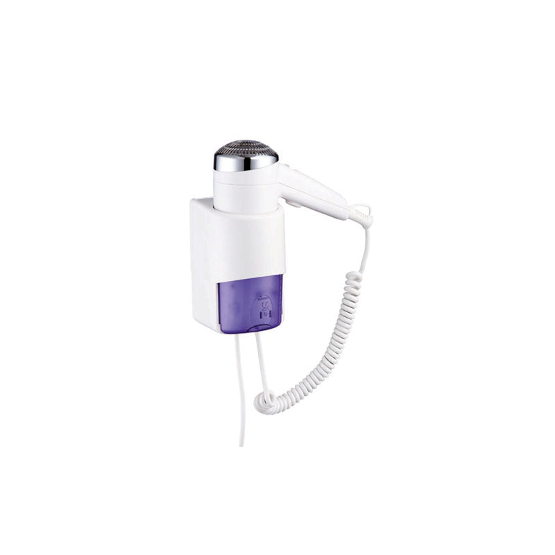 Wall-mounted hotel hair dryer with a shaver socket