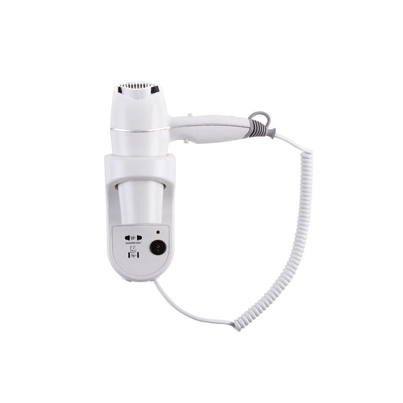Wall-mounted hotel hair dryer with a shaver socket