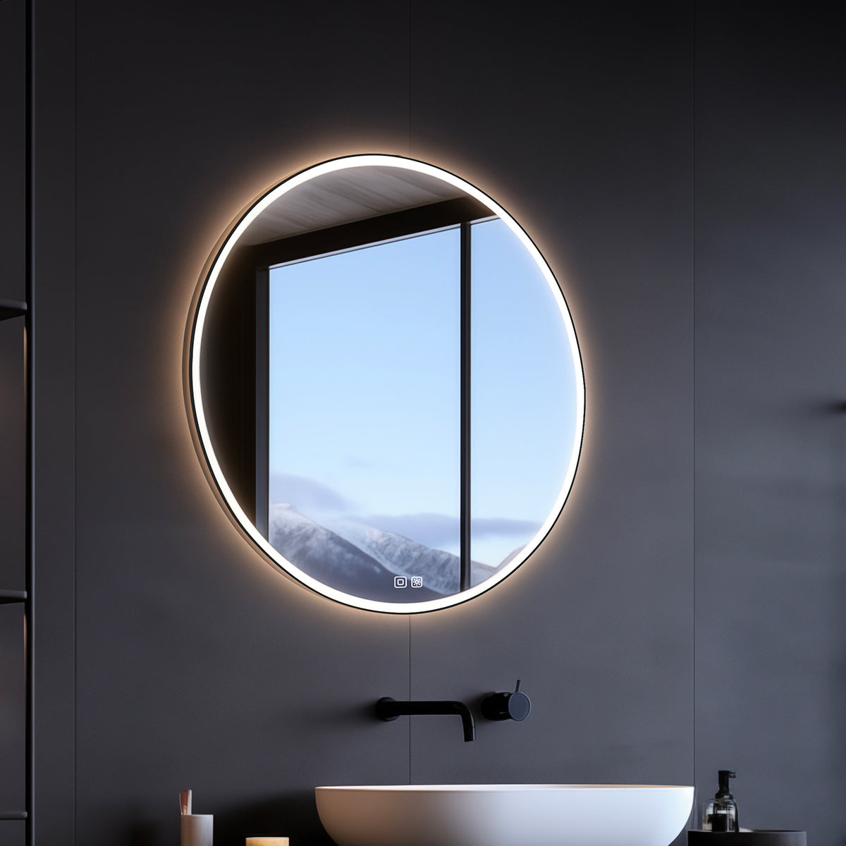 Black round LED mirror, 600 mm diameter