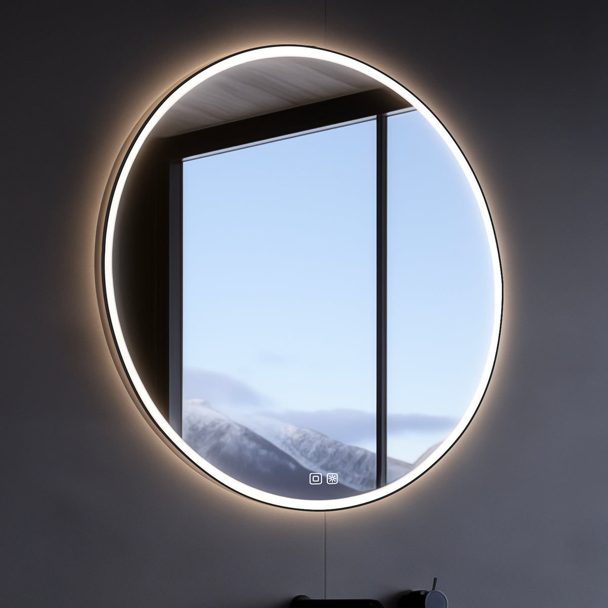 Black round LED mirror, 900 mm diameter, with two touch sensors
