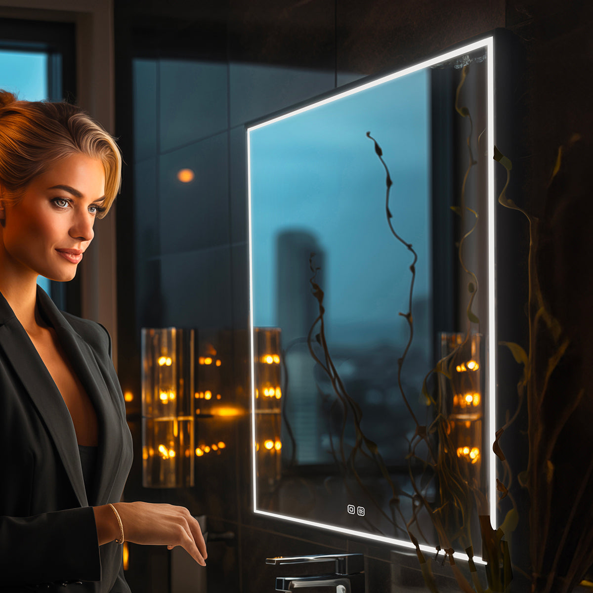 Fekete LED-es tükör, 600x600, két érintésérzékelővel