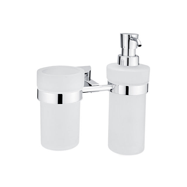 Dispenser with a glass, plastic pump