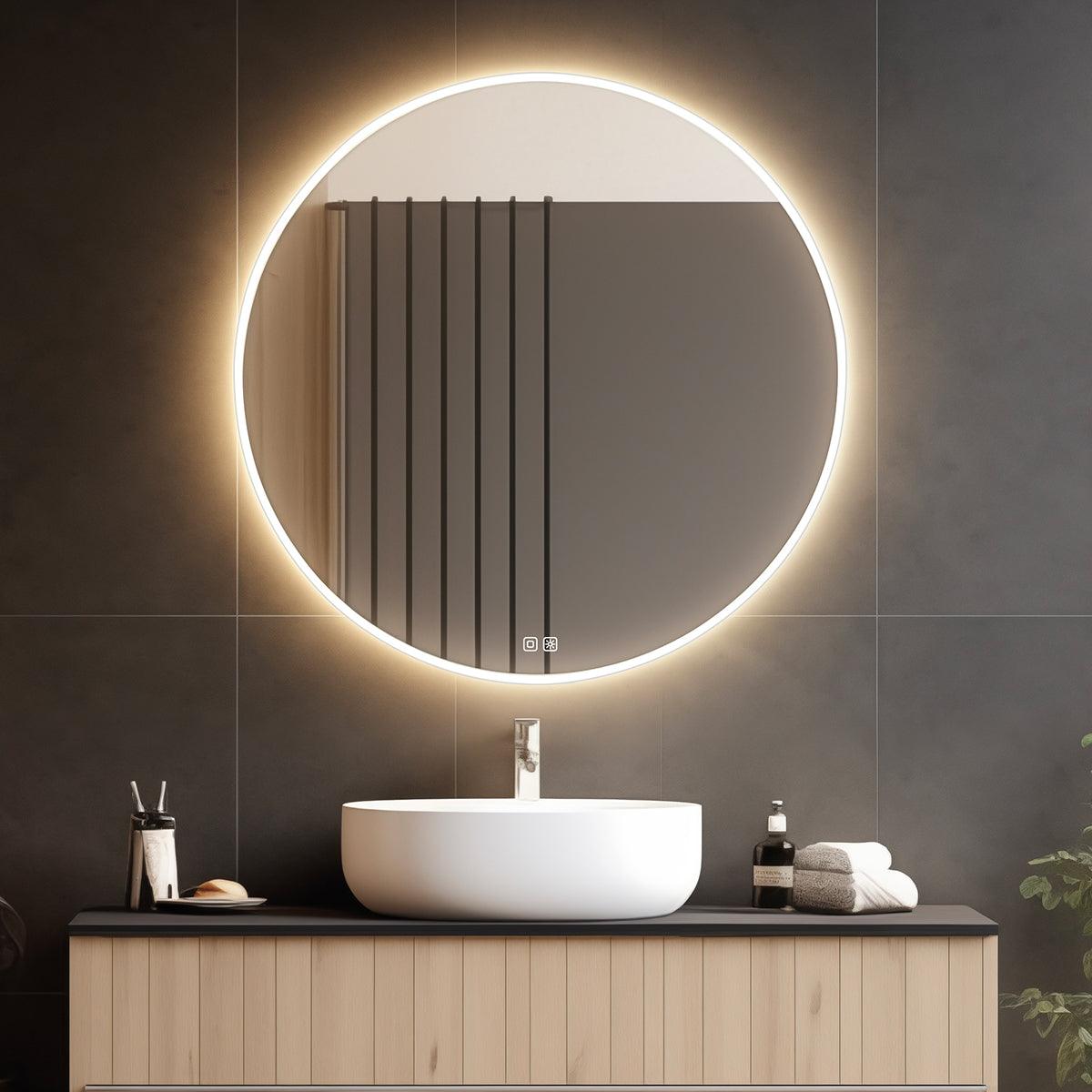 Round LED mirror, 1000 mm diameter, with two touch sensors
