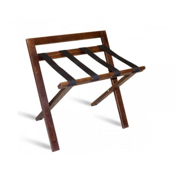 Foldable hotel luggage rack with backrest - stained wood