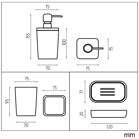 Dispenser, soap dish, toothbrush holder