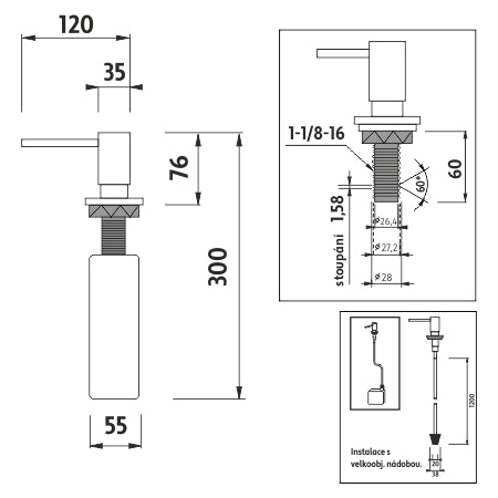 Liquid soap or hand sanitizer dispenser with a 35 mm pump